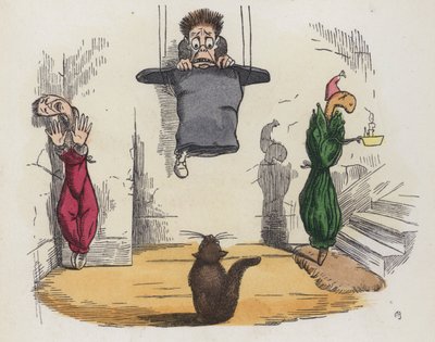 Uomo appeso al soffitto con il cappello perché ha paura di un gatto da Charles Henry (after) Bennett