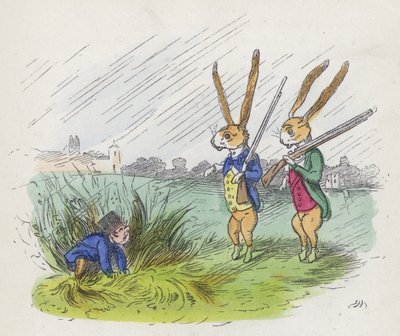 Due conigli antropomorfi a caccia (incisione colorata) da Charles Henry (after) Bennett
