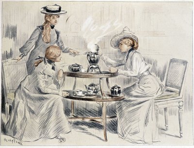 Signore che prendono il tè intorno a un piccolo samovar - disegno di Henri Tenré, ca. 1910 da Charles Henry Tenre