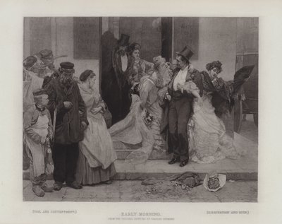 Mattina presto, mostrando il contrasto tra: Fatica e contentezza; e Dissipazione e rovina (incisione) da Charles Hermans