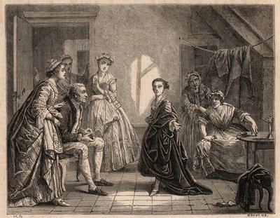 Infanzia di Mademoiselle Clairon: la giovane Claire-Josephe Leris (1723-1803) recita i versi della commedia che ha appena visto. Diventò attrice con il nome di "Mademoiselle Clairon" o "La Clairon". Incisione del 1862 dal dipinto da Charles Housez