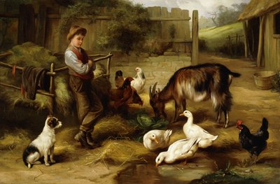 Un ragazzo con pollame e una capra in un cortile da Charles Hunt