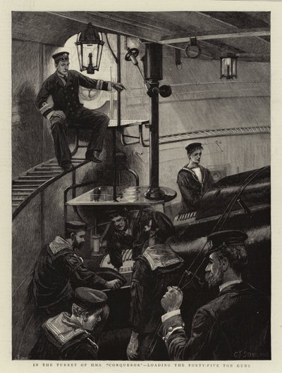 Nella torretta della HMS Conqueror, caricamento dei cannoni da quarantacinque tonnellate da Charles J. Staniland