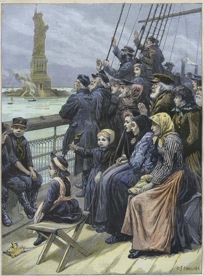 Immigrati ebrei che arrivano a New York, USA, nel 1892 - Rifugiati ebrei dalla Russia che passano davanti alla colossale statua nel porto di New York - incisione di Charles Joseph Staniland - "Arrivo degli emigranti ebrei a New York nel 1892, illustrazione da Charles J. Staniland