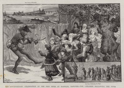 La celebrazione del seicentenario del Pifferaio Magico a Hamelin, Hannover, i bambini che seguono il Pifferaio da Charles J. Staniland