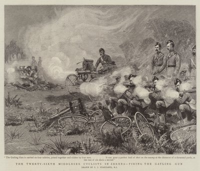 Il ventiseiesimo ciclista del Middlesex a Zereba, sparando con la mitragliatrice Gatling da Charles J. Staniland