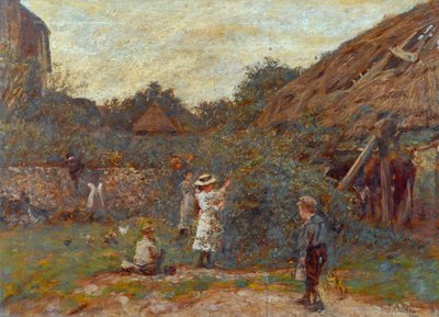 Scena nel cortile della fattoria con bambini che raccolgono frutta, 1901 da Charles James