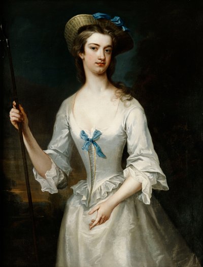 Ritratto di una Signora, Possibilmente la Duchessa di Ancaster, a Tre Quarti, come una Pastorella, in un Abito di Raso Bianco e Cappello, in un Paesaggio da Charles Jervas