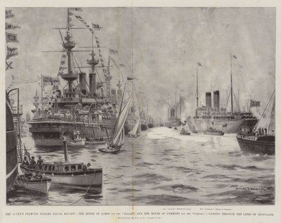 La rassegna navale del Giubileo di Diamante della Regina, la Camera dei Lord (sul Danubio) e la Camera dei Comuni (sulla Campania) che passano attraverso le linee di corazzate da Charles John de Lacy