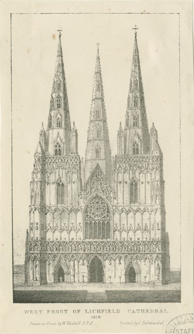 Cattedrale di Lichfield - Facciata Ovest: incisione da Charles Joseph Hullmandel