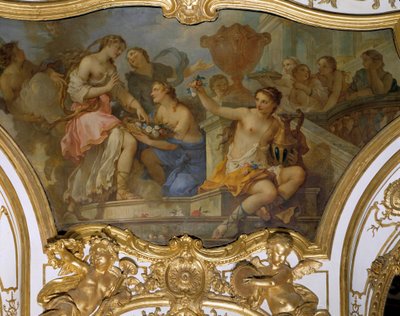Storia di Psiche: Le ninfe offrono fiori a Psiche sulla soglia del palazzo dell
