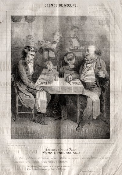 Scene di costumi: Come si cena a Parigi. Cene a venticinque sous. Tre piatti a scelta del ristoratore... da Charles Joseph Traviès de Villers