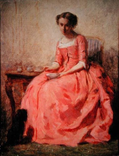 Ragazza in un vestito rosa a un tavolo da Charles Joshua Chaplin