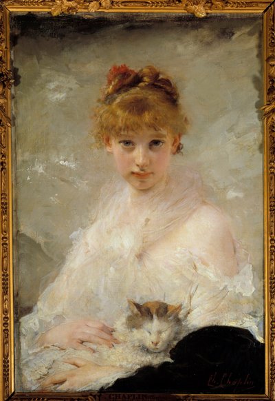 Giovane ragazza con gatto da Charles Joshua Chaplin
