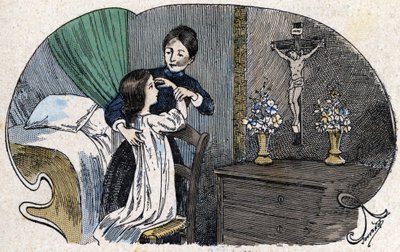 Il segno della croce. in Tutti gli insegnamenti religiosi - Credo negli dei, fine XIX secolo, illustrazione di Jouvenot. Biblioteca dei catechismi. Parigi. Collezione Leemage da Charles Jouvenot
