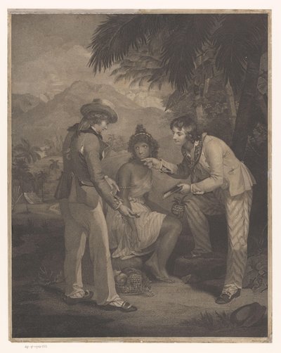 Due marinai britannici offrono un orologio e uno specchio per la frutta di una donna indiana da Charles Knight