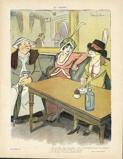 Illustrazione di Chas-Laborde (1886-1941) in Le Sourire, n. 9, 27/02/13 - Affari - Ristoranti Caffè, Moda, Cappello - Cupidità, Avarizia - Donne da Charles Laborde