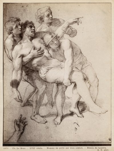 Uomo mezzo nudo sostenuto da tre uomini, studio per 