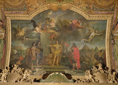 Il re Luigi XIV (1638-1715) ordina di attaccare simultaneamente quattro delle posizioni olandesi più forti nel 1672, dipinto sul soffitto della Galerie des Glaces da Charles Le Brun