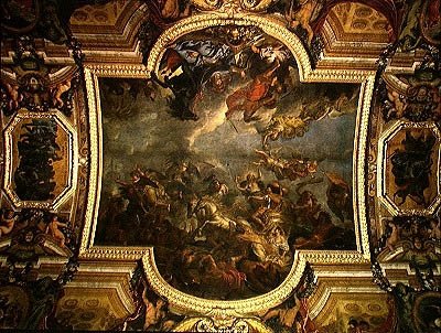 Vista del Re che prende Maastricht in tredici giorni nel 1673 e il passaggio sul Reno alla presenza dei nemici nel 1672, dipinto sul soffitto della Galerie des Glaces da Charles Le Brun
