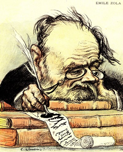 Cartone animato di Emile Zola (1840-1902) che scrive, visibilmente privo di ispirazione - Illustrazione di Charles Leandre in 