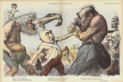 Emile Combes tenta di tenere separati Camille Pelletan e Maurice Rouvier, illustrazione per Le Rire da Charles Leandre