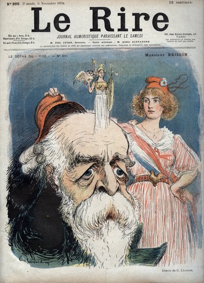Eugène Henri Brisson (1835-1912), avvocato, giornalista e politico francese - Marianne solleva un berretto rosso dalla testa di Brisson e dalla sua testa sembra sorgere la dea Atena con tutti gli attributi - caricatura di Charles Leandre (1862-1934) in “Le da Charles Leandre