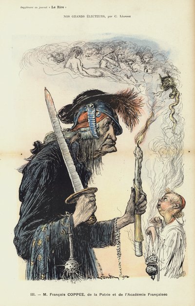 Francois Coppee, scrittore e nazionalista francese, illustrazione per Le Rire da Charles Leandre