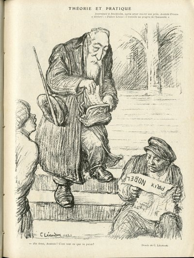 Illustrazione di Charles Leandre in Le Rire, 31/12/21 - Teoria e pratica - Premio Nobel - Lenin, Anatole France da Charles Leandre