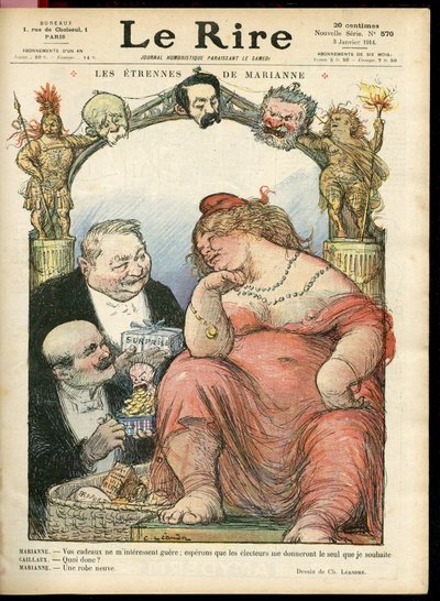 Illustrazione di Charles Léandre (1862-1934) per la copertina di Le Rire, 03/01/14 - Les étrennes de Marianne - Tribuno - Clemenceau George, Jaurès Jean, Briand Aristide, Marianne, Caillaux Joseph (1863-1944) da Charles Leandre