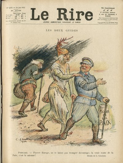 Illustrazione di Charles Leandre (1862-1934) per la copertina di Le Rire, 24/06/22 - Le due guide - Inghilterra Gran Bretagna, Europa, Presidente della Repubblica, Pace, Cappello - Poinsare Raymond, David Lloyd George (1863-1945) da Charles Leandre