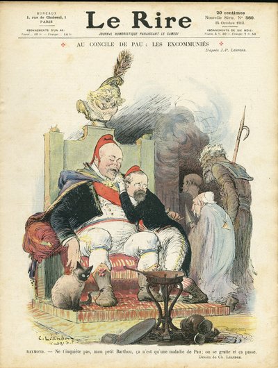Illustrazione di Charles Leandre (1862-1934) per la Copertina di Le Rire, 25/10/13 - Al Consiglio di Pau: gli scomunicati - Religione Fede, Presidente della Repubblica, Cappello, Poltrona (simbolo del potere) - Combes Emile (1835-1921), Marianne, Poincare  da Charles Leandre