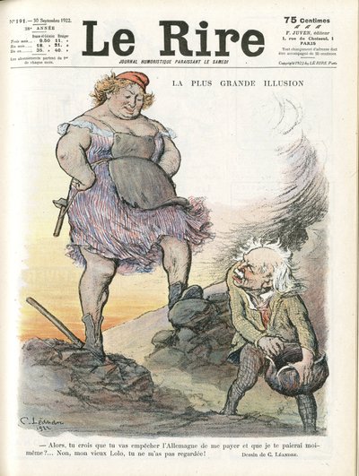 Illustrazione di Charles Leandre (1862-1934) per la copertina di Le Rire, 30/09/22 - La più grande illusione - Germania Prussia, Inghilterra Gran Bretagna, Riparazioni - Marianne, David Lloyd George (1863-1945) - Trivialità da Charles Leandre