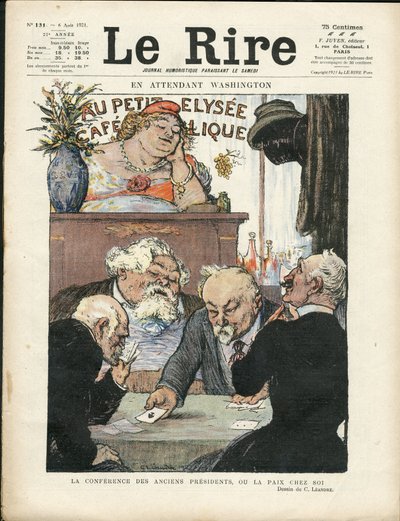 Illustrazione di Charles Leandre (1862-1934) in Le Lire, 06/08/21 - Nel frattempo a Washington - Elezioni, Presidente della Repubblica - Marianne, Fallieres Armand, Poinsare Raymond, Deschanel Paul - Gioco di carte da Charles Leandre