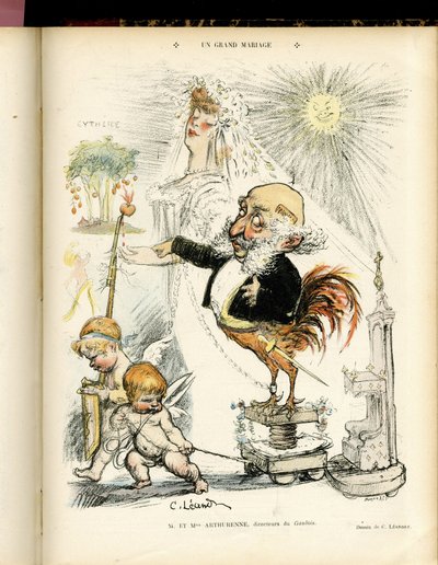 Illustrazione di Charles Leandre (1862-1934) in Le Rire, 22/10/04 - Un grande matrimonio - Matrimonio - Coq, Meyer Arthur - Animalizzazione da Charles Leandre
