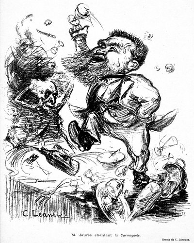 Jean Jaurès che balla e canta la Carmagnola su un tavolo da banchetto (presumibilmente ubriaco) immagine in Le Rire n°105 del 7 novembre da Charles Leandre