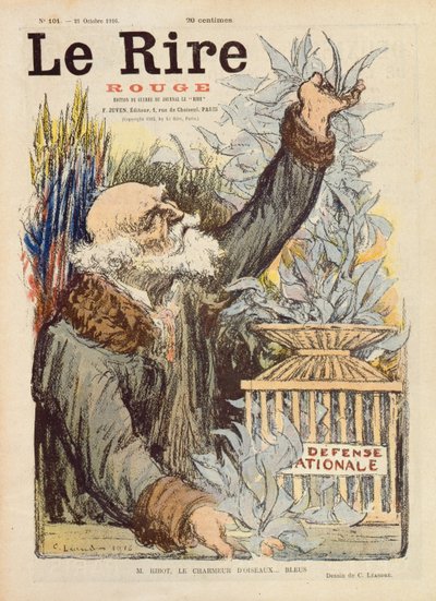M. Ribot, incantatore di uccelli blu, illustrazione di copertina di Le Rire Rouge, 21 ottobre 1916 da Charles Leandre