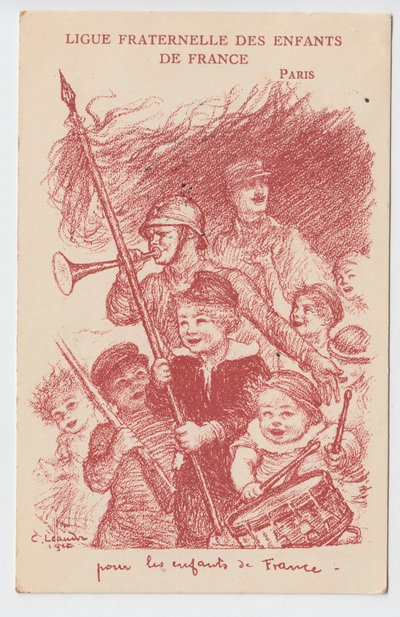 Cartolina, Satirico a Colori: Ligue fraternelle des enfants de France - Guerra del 14-18, Infanzia, Giornate patriottiche Illustrazione di Charles Leandre (1862-1934) da Charles Leandre