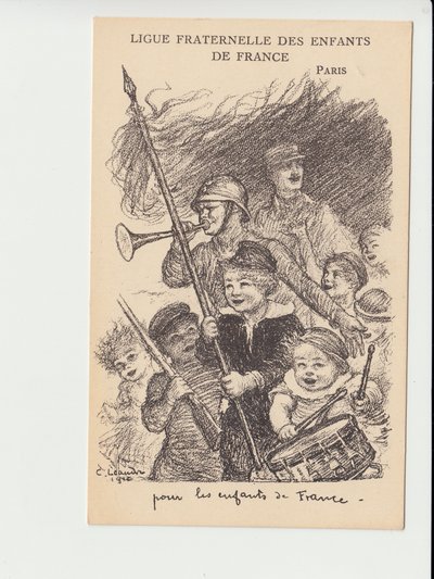 Cartolina, Satirico in bianco e nero: Ligue fraternelle des enfants de France - Guerra del 14-18, Musica, Infanzia, Ligue fraternelle des enfants de France - Soldati Illustrazione di Charles Leandre (1862-1934) da Charles Leandre