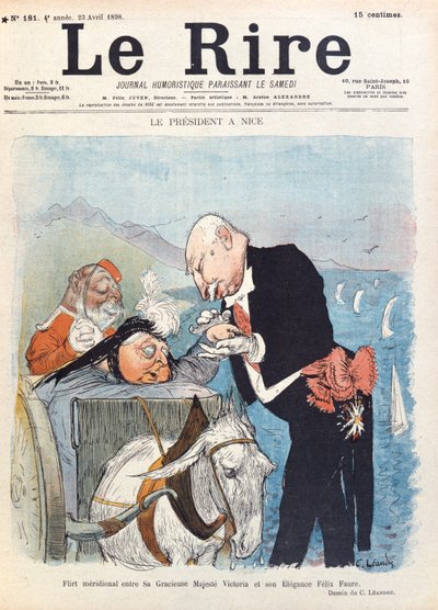La regina Vittoria (1819-1901) flirta con il presidente Felix Faure (1841-99) durante le sue vacanze a Nizza, copertina della rivista 