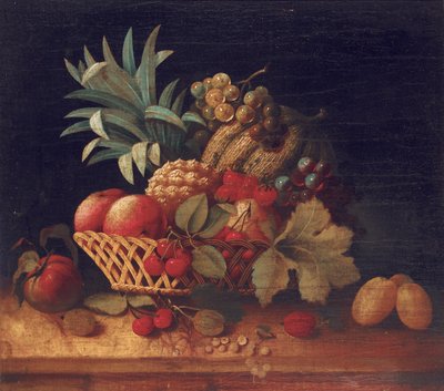 Uva, prugne, ciliegie, pesche, una mela, un ananas e un melone, in un cesto di vimini da Charles Lewis