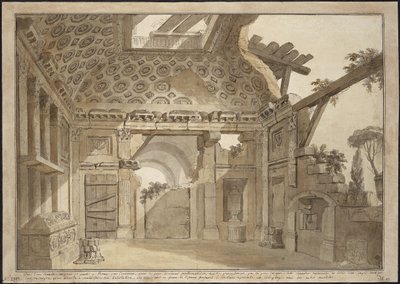 Progetto per i dipinti nella cella di Padre Lesueur nel Monastero della Santissima Trinità dei Monti a Roma - Charles Louis Clerisseau (1722-1820). Penna, pennello, inchiostro grigio e marrone, bianco su carta, ca 1760. Dimensioni: 36,9x53 cm. State Hermit da Charles Louis Clerisseau