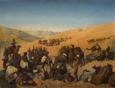 Sosta delle carovane ai pozzi di Saba Beersheba nel deserto a sud di Hebron da Charles Louis Fredy de Coubertin