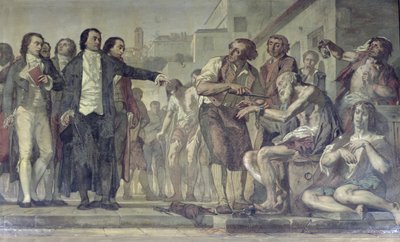 Philippe Pinel libera i pazzi dalle loro catene al manicomio di Bicetre a Parigi nel 1793, (dettaglio) da Charles Louis Lucien Muller