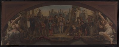 Schizzo per il Padiglione Denon al Louvre: Le quattro età della vita artistica in Francia - Presentazione a Francesco I dei piani per il Castello di Fontainebleau da Charles Louis Lucien Muller