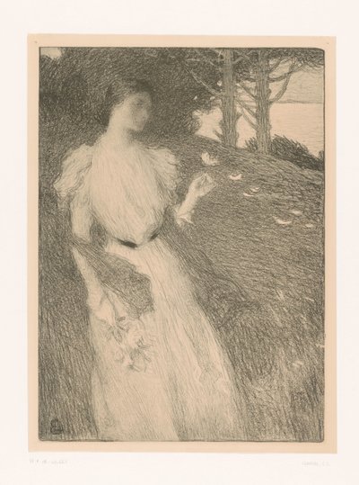 Donna che lascia volare via petali di fiori nel vento da Charles Lucien Leandre
