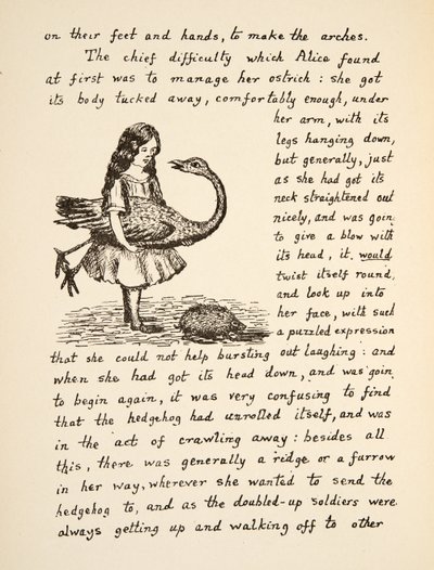Alice con il suo struzzo, illustrazione da Le avventure di Alice sottoterra, pub. 1886 (facsimile) da Charles Lutwidge Dodgson