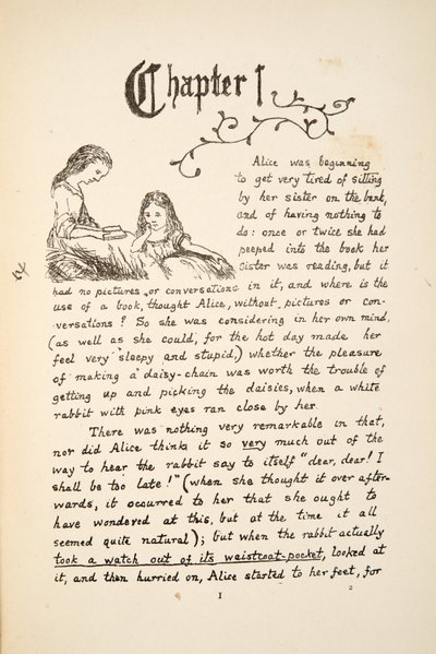 Alice con sua sorella, illustrazione da Le avventure di Alice sottoterra, pub. 1886 (facsimile) da Charles Lutwidge Dodgson