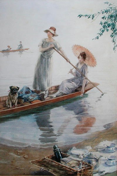 Due ragazze con il loro carlino che tornano al picnic da Charles MacIvor or MacIver Grierson
