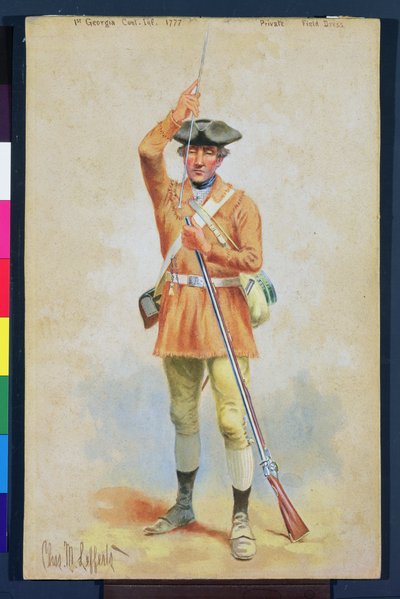Uniformi della Rivoluzione Americana: 1777 Abito da campo privato del 1° Fanteria Continentale della Georgia da Charles MacKubin Lefferts
